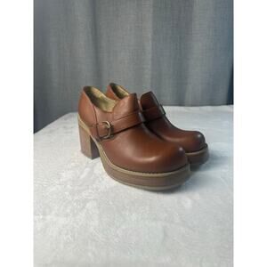 Vintage American Eagle Leather Chunky Square Toe Heeled Oxford Brown EUC 90 Y2K